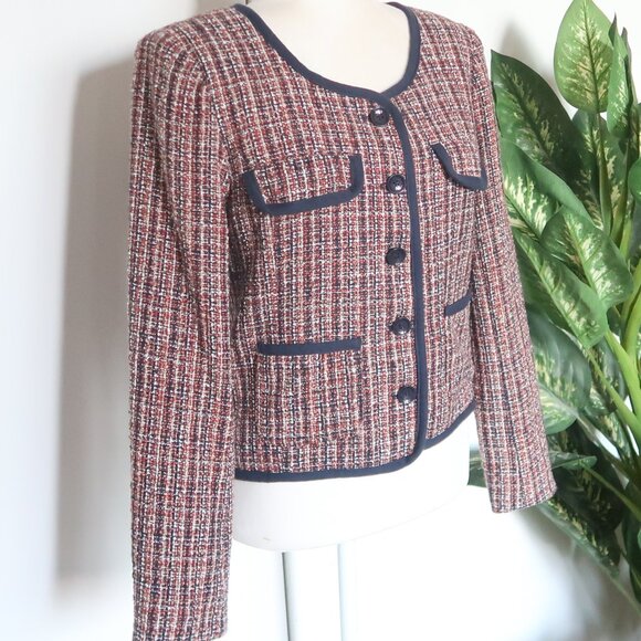 Soaked in Luxury Navy & Tan Tweed Blazer Bouclé Cropped Shoulder Pad Jacket Sz 6 - Picture 4 of 16